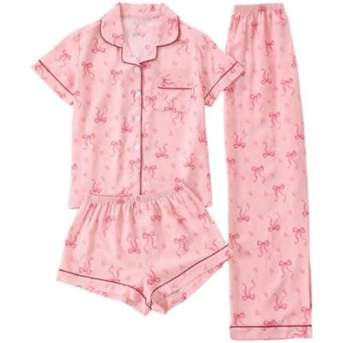 Verdusa Women's 3 Piece Bow Pajama Set Button Up Collared Shirts and Shorts with Lounge Pants Cute Pjs