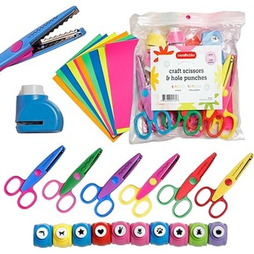 Incraftables Craft Scissors with Decorative Edge – 26 Piece Crafting Set - 6 Scissors with Fun Decorative Edge - 10 Paper Hole Punch Shapes & 10 Colorful Pieces of Paper