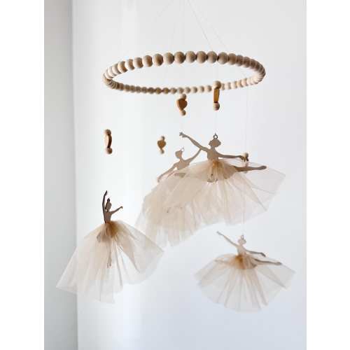 Wooden Ballerina Baby Mobile with Soft Beige Tulle Skirts – Crib Mobile – Minimalist Nursery Mobile – Girl’s Room Decor – Elegant Mobile