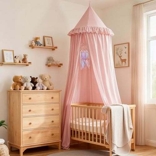 Akiky Kids Bed Canopy for Crib & Twin Size with Ruffles Dreamcatcher, Princess Girls Nursery Room Decor Toddler Baby Dome Round Hanging Tent Curtains Skirt Over Bed Reading Nook Play Tents Pink