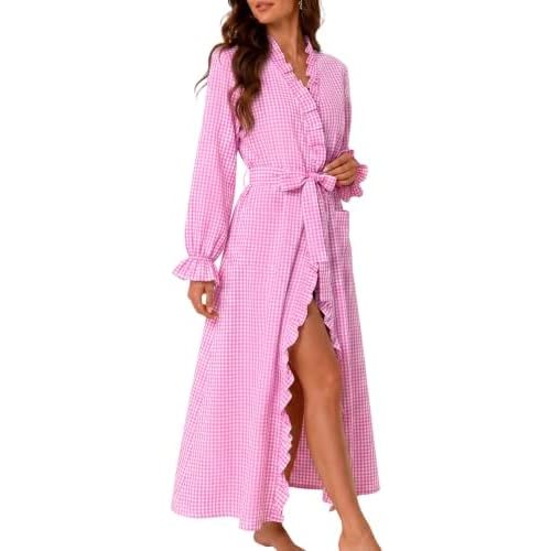 Gihuo Womens Cotton Robe Lightweight Gingham Ruffle Bathrobe