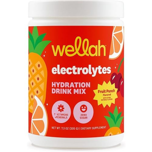 Wellah Electrolytes Powder (Fruit Punch) 50 Servings - Hydration Drink Mix, 7 Vitamins & Minerals, Zero Sugar