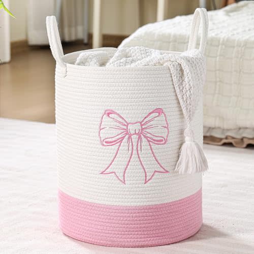 Honeydak 15'' x 18'' Pink Bow Cotton Rope Laundry Basket Hamper Large Laundry Basket Hamper Coquette Bow Room Decor Girls Girly Nursery Storage Bin Tall Round Organizer Blanket Toys Clothes(Bowknot)