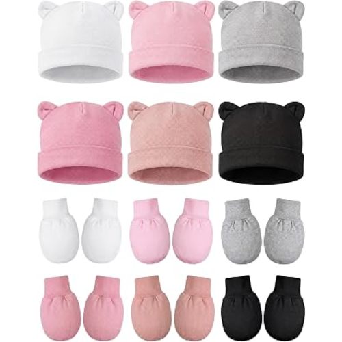 Geyoga 12 Pieces Newborn Hat Mittens Gloves Set Baby Boys Girls Cotton Baby Beanie for 0-12 Months