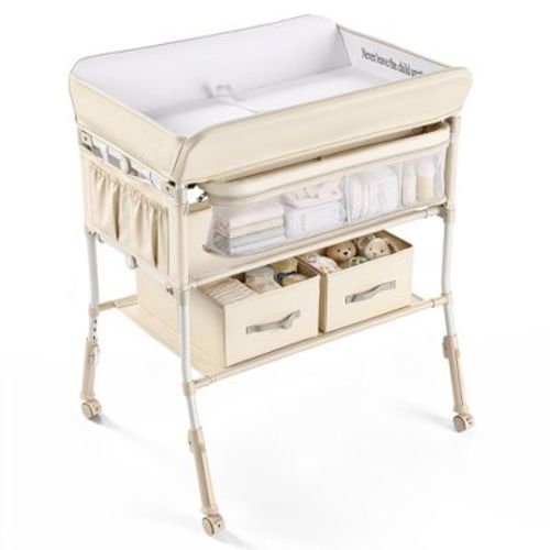Kinder King Portable Baby Changing Table with Wheels, 4-Level Adjustable Height, Foldable Diaper Station with Storage, Beige