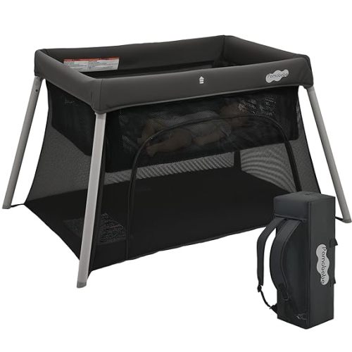 Pamo Babe Travel Crib with Bassinet, Premium Portable Crib with Mattress for Baby Safe Certified Easy Setup Pack and Play Lightweight Backpack Portable Playpen with Zipper Door for Travel Gift - Grey