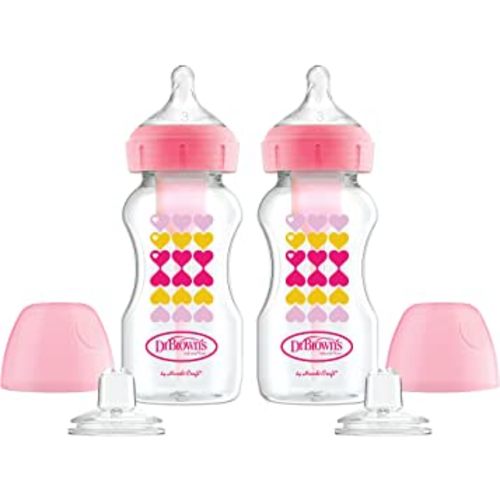 Dr. Brown’s Anti-Colic Options+ Wide-Neck Sippy Bottle Starter Kit, 9oz/270mL, with Level 3 Medium-Fast Flow Nipple and Soft 100% Silicone Sippy Spout, Pink, BPA Free, 6m+, 2 Pack