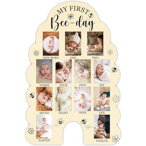 My First Year Photo Board, My First Bee-Day Baby Milestone Signs for Boys Girls Nursery Decor, 12 Month Wooden Picture Board for 2x3 Photos, Best Babies Keepsake Gifts-A30