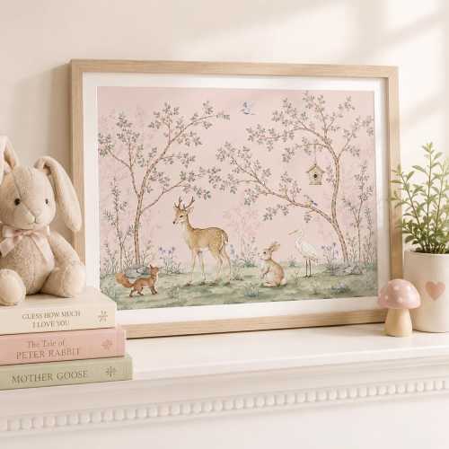 Woodland Animal Nursery Wall Art Print, Deer Bunny and Forest Friends Decor, Whimsical Woodland Nursery Artwork Gift