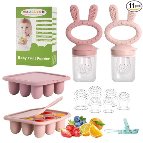 Baby Breastmilk Popsicle Molds & Baby Fruit Feeder (4 Pack), Infant Food Freezer Tray Storage Containers, Silicone Teething Pacifier Feeder and Teether for Babies（Pink&Purple）