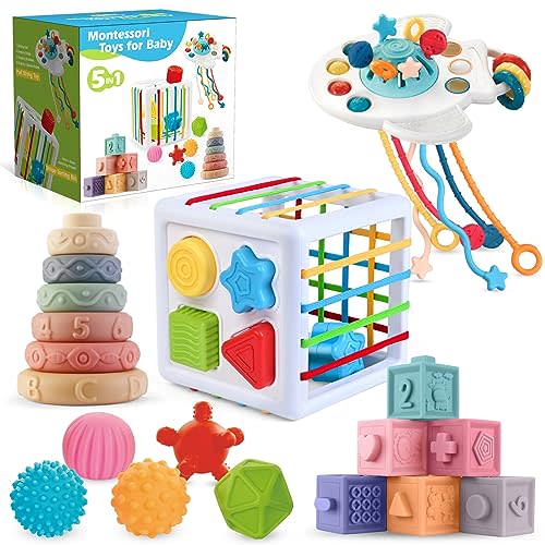 SpringFlower 5 in 1 Baby Toys 6 to 12 Months, Montessori Toys, Soft Baby Teething Toys, Sensory Bin Toy, Stacking Building Blocks & Rings Infants,Sorting Sensory Learning Gift for Toddlers Aged 1-3