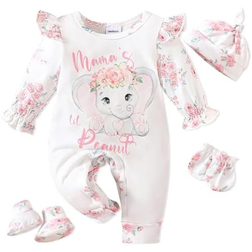 COGRWBTLZH Newborn Baby Girl Outfits Infant Romper Coming Home Ruffled Jumpsuit with Hat Mittens+Booties
