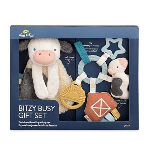 Itzy Ritzy Farm Toy Gift Set - Includes Cow Lovey & Farm-Themed Busy Ring