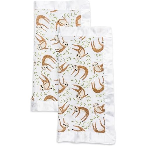 lulujo Baby Security Lovie Blankets| Unisex Softest Breathable Cotton Muslin Security Blanket with Silky Satin Trim| Neutral Comforting Blanket for Girls & Boys | 16in by 16 in| Sloth