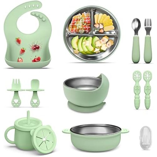 13 Pack Silicone Baby Feeding Set, BPA-Free Toddler Feeding Supplies, Include Suction Plates, Baby Bowls, Silicone Fork & Spoon, and More, First Stage Baby Dish Set - 6+ Months