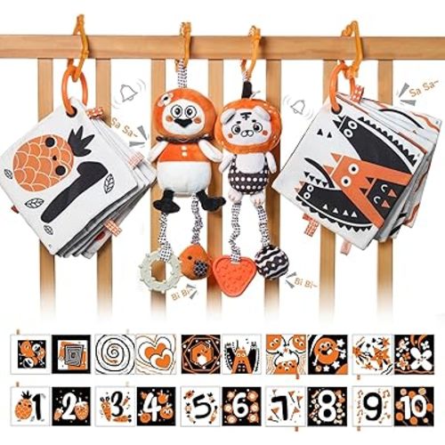 TUMAMA KIDS Black and White Baby Toys, High Contrast Rattle Toy & Soft Book Set,Hanging Toys for Baby Gym,Car Seat Toys for Babies,Early Educational Toys for Infant Babies 0 3 6 9 12 Month