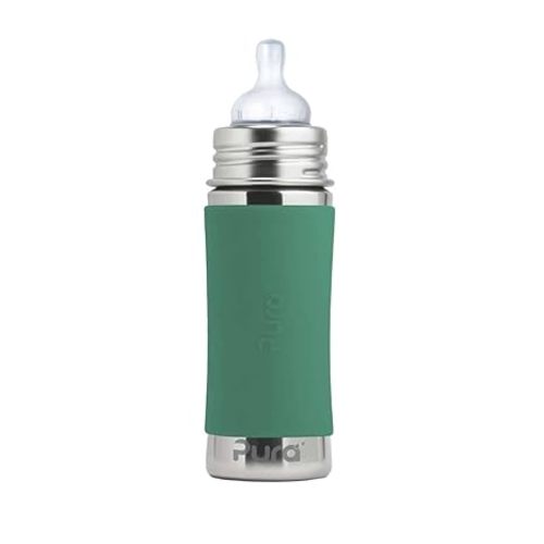 Pura Kiki 9oz/275ml Stainless Steel Infant Bottle w/Sleeve, Anti-Colic, Medical-Grade Silicone, Medium-Flow Nipple, for Babies 3 Months & Up - Mint