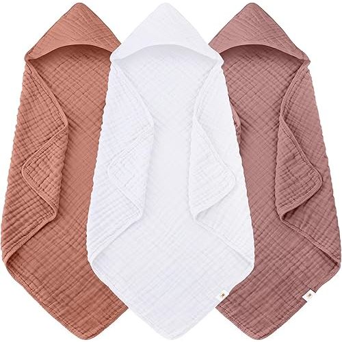 Sunny zzzZZ Muslin Hooded Baby Bath Towels - 3 Pack 100% Cotton Soft Low-Saturation Pastel Towels Including Classic White for Newborns, Infants, Toddlers - 32x32 Inch - Deep Bean Paste and White