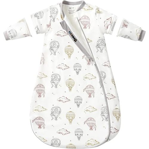 Baby Sleep Sack 3–6 Months, 2.5 TOG Warm Cotton Sleep Sack with Detachable Long Sleeves, Winter Wearable Blanket for Cold Nights, 2-Way Zipper Toddler Sleeping Sack, Hot Air Balloon