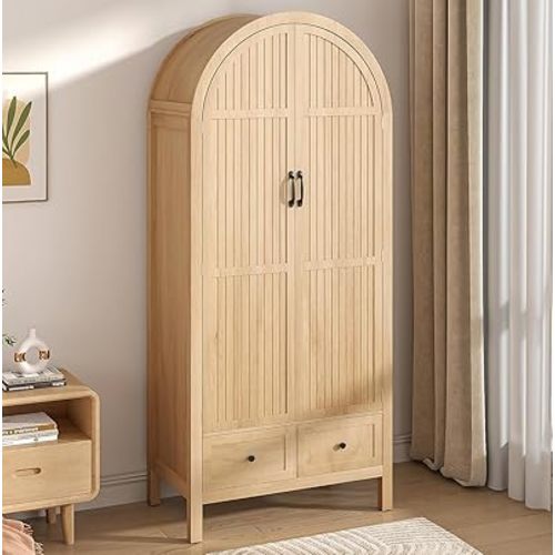 Wardrobe Closet, Armoire Wardrobe Closet with Drawers and 2 Arched Fluted Doors, 70.87‘’ Tall Wooden Bedroom Armoires with Shelves and Hanging Rod (1, Wood Color)