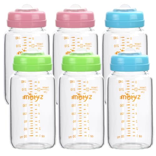 Matyz Glass Breastmilk Storage Bottles, 6 Pack, 8 oz, Compatible With Spectra Medela Breast Pump - Freezer Safe Storage Bottles Set - Wide Mouth Breastmilk Storage Containers - BPA Free (3 Color Lids)