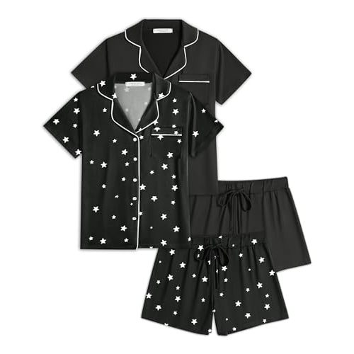 Ekouaer Womens Pajamas Set 2 Pack Button Down Summer Sleepwear Short Sleeve Comfy Pjs Loungewear Set