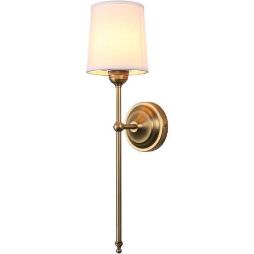 Antique Finish Sconce Wall Lighting Fixture with White Fabric Shade, E26 Hardwired Indoor 1-Light Wall Mounted Lamp for Living Room Bedside Nightstand Light Vanity Bathroom