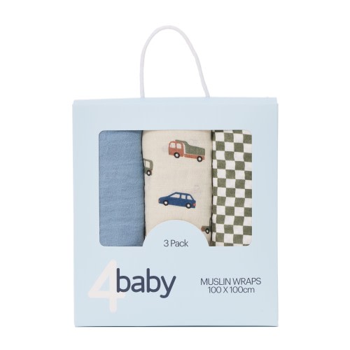 4baby Muslin Wrap 3 Pack Cars