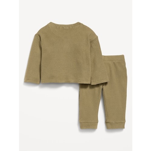 Long-Sleeve Waffle-Knit Henley Top and Pants Set for Baby