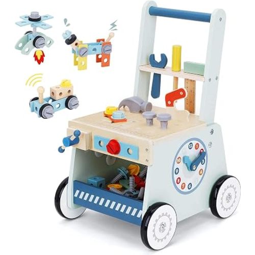 2-in-1 Wooden Baby Walker and Tool Bench with Building Play, Blue