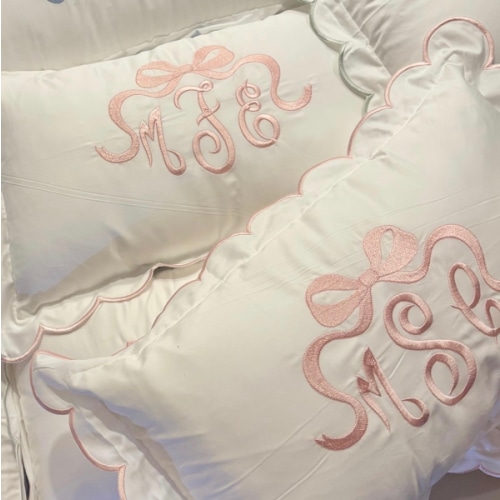 Embroidered Monogram Baby Pillow: Scalloped Edge Cotton Nursery Decor