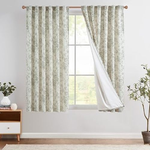 jinchan Linen Blend Floral Curtains for Living Room 63 Inches Extra Long Farmhouse Printed Curtain Back Tab Green Peony Flower Patterned Drapes Bedroom Window Curtains Set 2 Panels