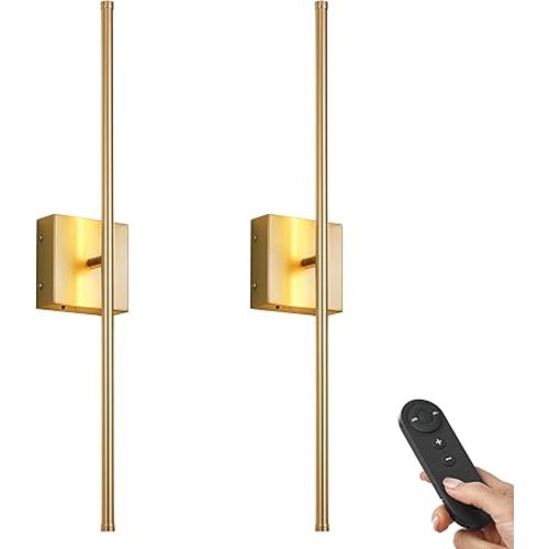 KARTOOSH Battery Operated Wall Sconces with Remote Control, Dimmable Wall Sconces Set of Two, 350°Rotate, 3000K LED Gold Wireless Wall Light for Living Room, Hallway, Bedroom, 24.4 Inch (2 Pack)
