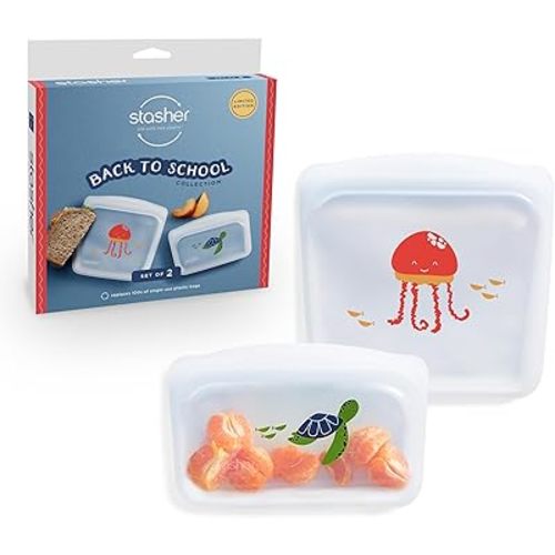Stasher Premium Silicone Reusable Food Storage Bags, 2-Pack, Multi-Use, Lunch Bag, Travel Containers, BPA Free, Leak-free, Dishwasher Safe, Eco-friendly