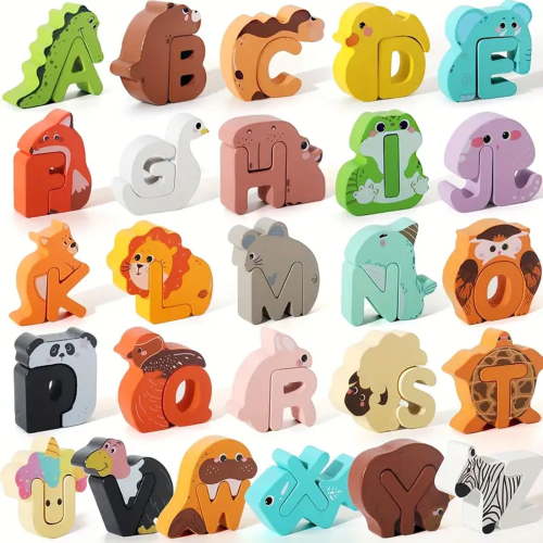 Wooden Alphabet Puzzle Toy for Kids, ABC Learning Puzzle with Animal Shapes, 26 Letter Blocks for Early Childhood Education, Safe & Stackable Toddler Toy (36+ Months)