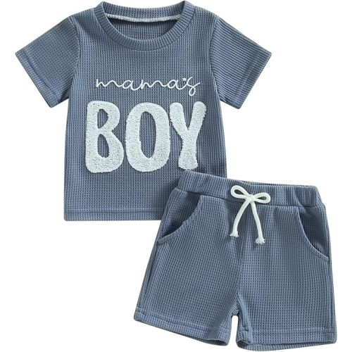 allshope Baby Boy Summer Outfit Set Letter Embroidery Short Sleeve T Shirt Solid Shorts Waffle Knit Clothes 6 12 18 24 Months