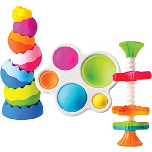 Fat Brain Toys Tobbles, Mini Spinny, Dimpl Bundle - 9-Piece Stacking Toys, Spinning Toy, Popper Toy Combo, Baby Toys Activity Set