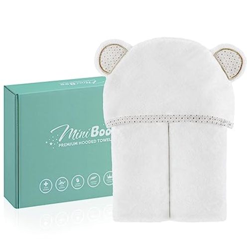 MINIBOO Organic Bamboo Hooded Baby Towel – Ultra Soft and Super Absorbent Baby Bath Towels for Newborns, Infants and Toddlers – Suitable as Baby Gifts