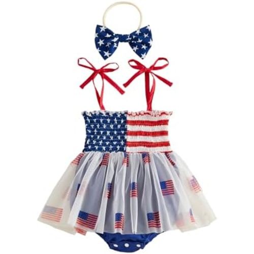 BemeyourBBs Newborn Baby Girl 4th of July Outfit Smocked Halter Romper Jumpsuit Infant Girl Fourth of July Summer Clothes