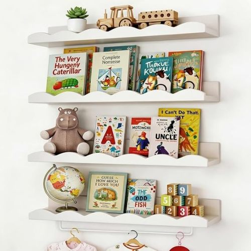 Fixwal Nursery Shelves, 16.5 Inch Floating Bookshelves for Wall Set of 4, Scalloped Wall Book Shelves with Towel Rack for Kids, Toddler Room, Baby Room, Nursery Decor and Storage(White)