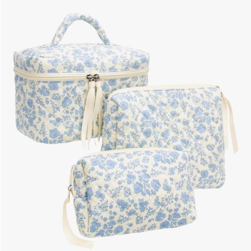 PAZIMIIK 3PCS Makeup Bag SET Large Travel Quilted Zipper Soft Cosmetic Case Pouch for Women Girls Make Up,Little Flower Blue