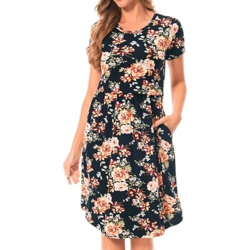 Bearsland Women's Short Sleeves Maternity Dress Nursing Breastfeeding Dresses with Pockets