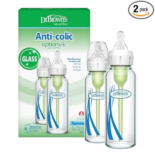 Dr. Brown's Anti-Colic Options+ Narrow Glass Baby Bottle with Level 1 Slow Flow Nipple, BPA-Free, 8 oz/250 mL, 0m+, 2-Pack (Packaging May Vary)
