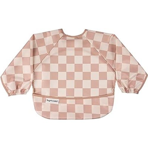 Tiny Twinkle Long Sleeve Bib for Babies & Toddlers | Waterproof Smock Bib for Eating | Machine Washable & Mess-Proof Feeding Essentials | Newborn Shower Gift (Checkers Brown, 6–24M)