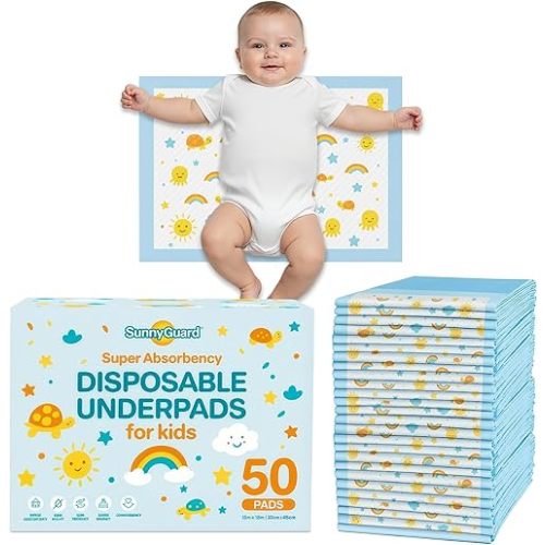 SunnyGuard Disposable Changing Pads for Baby 13 x 18 Inches, 50 Diaper Changing Pad with Unique Design & 6 Layers of Protection for Nursery Use, Travel Changes & Pee Pad Protection, 33 x 46 CM