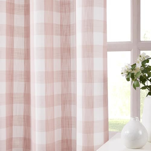 Jubilantex Buffalo Check Semi Sheer Curtain Panels Pink White Gingham Curtains Farmhouse Grommet Window Drapes for Living Room Bedroom 40"x63",2 Panels