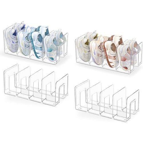 HBlife Clear Acrylic Kids Shoe Rack for Closet Organizers and Storage, Small Shoe Rack 4 Sections Toddler Baby Shoe Storage Organizer Stackable Shoe Shelf,Desk File Sorter Book Purse Organizer(4 Pack)