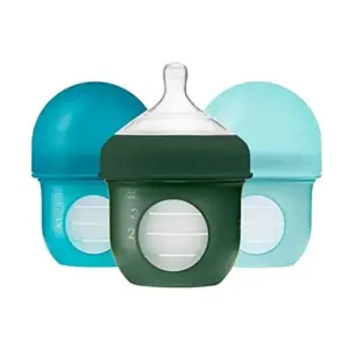 Boon Nursh Bottles - Silicone Baby Bottles Help Ease Colic Symptoms - Formula and Breast Milk Only Touch Food-Grade Silicone - Slow Flow - Blue - 4 Ounce