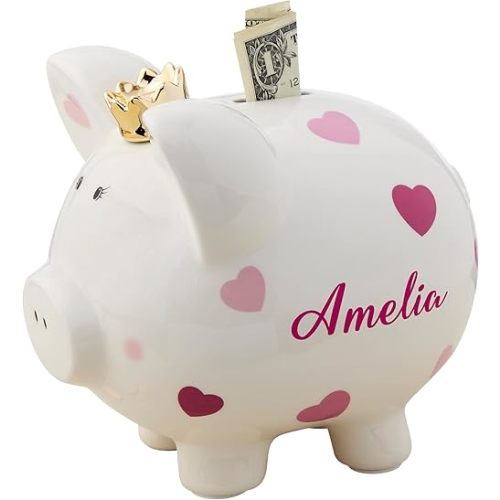 Personalization Universe Baby Girl Pink Polka Dot Personalized Piggy Bank, Ceramic Money Saving Box with Gold Mini Crown, Ideal for Kids, Girls, Baby Easter Basket Stuffers, Large Size…