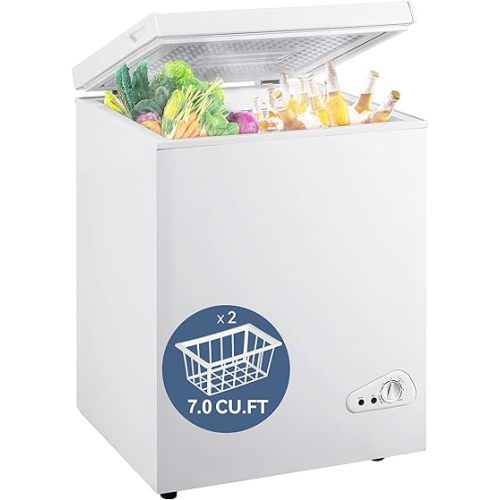 7.0 Cu Ft Chest Freezer - Energy Efficient & Quiet Mini Freezer with Adjustable Thermostat - Compact Deep Freezer for Home, Apartment, and Garage - Removable Basket & Defrost Drain